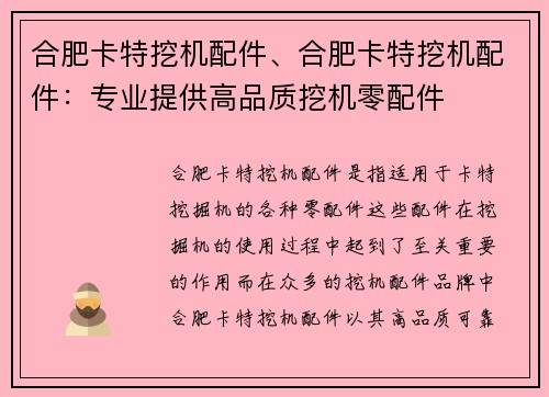 合肥卡特挖机配件、合肥卡特挖机配件：专业提供高品质挖机零配件